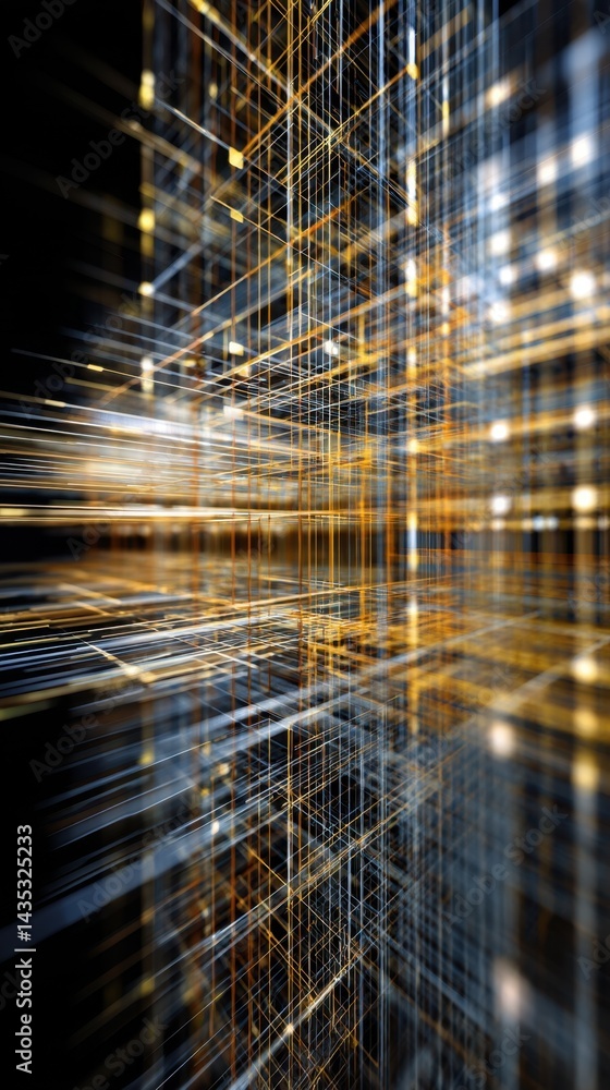 Poster abstract geometric grid with golden light streaks creating a futuristic and modern digital network b