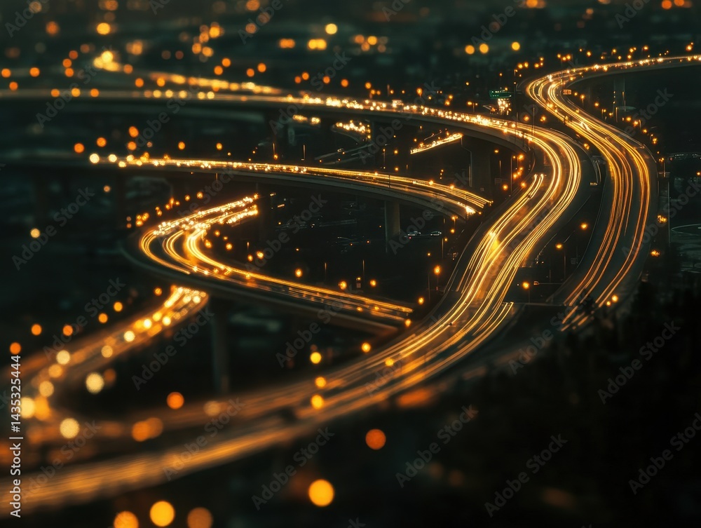 Poster aerial view of illuminated highway at night with car light trails creating dynamic patterns and a se