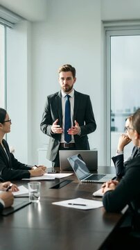 Vertical video of businessman leading a meeting, perfect for illustrating leadership, teamwork, corporate communication, business management, and professional success.