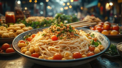Street food noodles, vibrant market scene