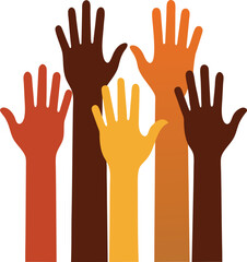 Fototapeta premium Vector illustration of human hands, a group of people raising their arms in a silhouette style, suggesting volunteer work and charity