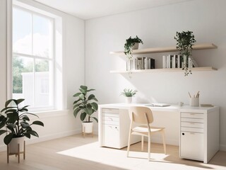 Modern Home Office Interior with Desk, Chair, Plants, and Natural Light