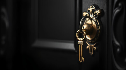 Golden Key on The Door, Golden house key chain hangs on dark green door. Keys, small model house attached., Generative Ai