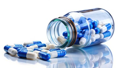 Blue and White Pills Spilled from Glass Bottle - Tabletop Photography