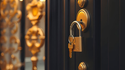 Golden Key on The Door, Golden house key chain hangs on dark green door. Keys, small model house attached., Generative Ai