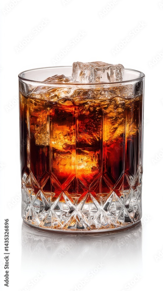 Poster refreshing cola drink with ice cubes in a crystal glass on a white background creating a cool and in