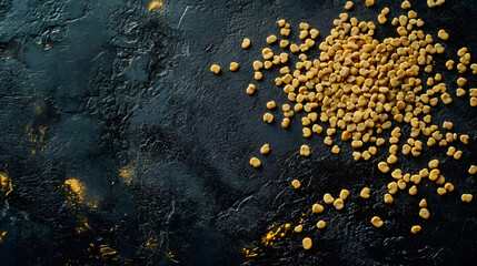 Whole fenugreek seeds scattered on a dark textured surface, their soft yellow color contrasting with the rich, earthy tones of the background.