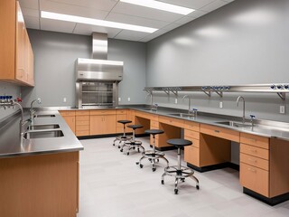 Modern Laboratory Interior with Workstations and Stainless Steel Fixtures
