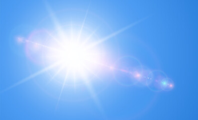 Sun with lens flare on blue sky, sunny background as hot weather concept, summer background illustration.