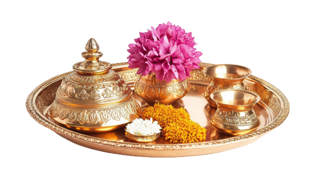 Puja Thali for Religious Rituals and Offerings - Isolated on White Background