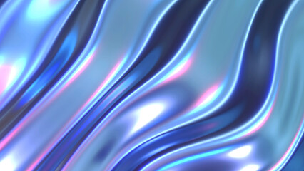 Liquid purple blue chrome waves background, shiny and lustrous metal pattern texture, silky 3D illustration.