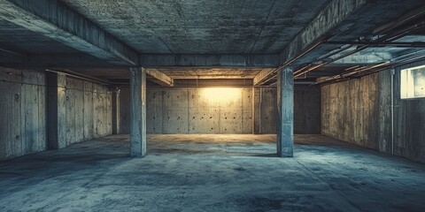 Dimly lit basement room with exposed structural concrete elements