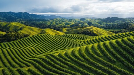 Emerald terraces cascade towards distant mountains