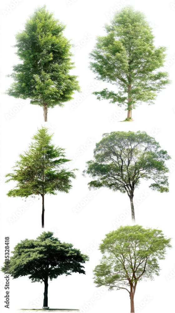 Poster diverse collection of isolated trees against a white background showcasing various shapes and sizes 