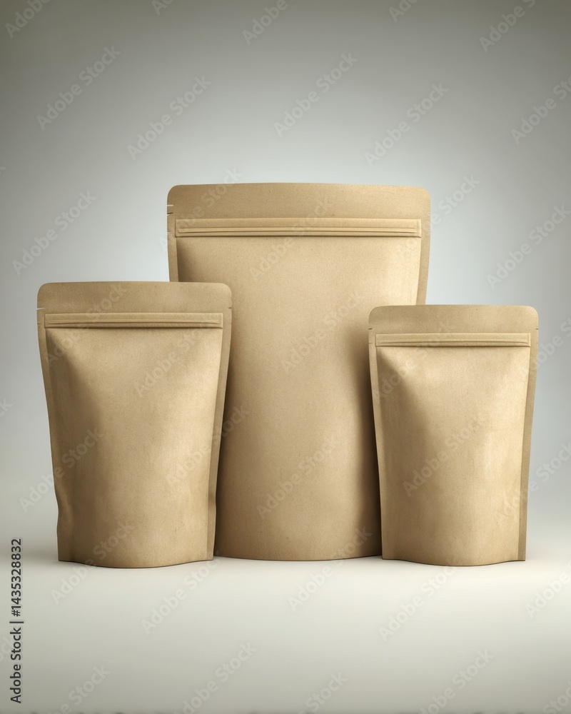 Poster three brown paper pouches standing on a neutral surface in a studio setting showcasing packaging mat