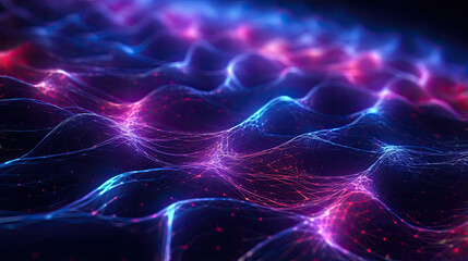 Naklejka premium Abstract Neural Networks Forming Synthetic Mind with Neon Strings and Wavy Particles in Futuristic Cyberspace