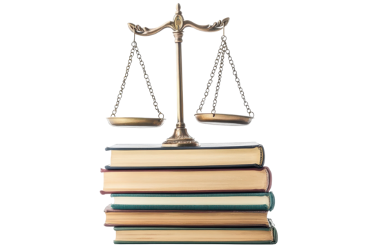 Stacked law books support the scales of justice symbolizing truth knowledge and legal authority