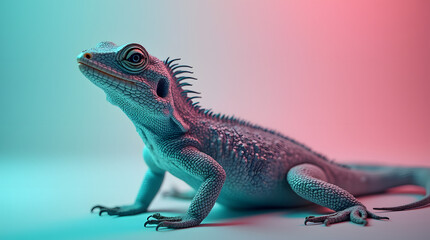 Fototapeta premium Colorful Lizard in Pink and Aqua Duotone Lighting, Low Angle View Showing Detailed Scales and Sharp Eyes