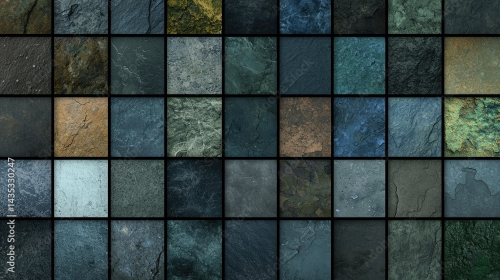 Poster a grid of sixteen different textures, each with a unique color and pattern.