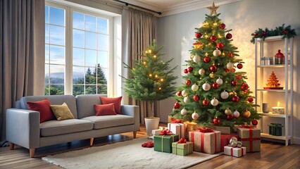 Christmas Tree with Presents Underneath in Cozy Living Room