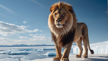 lion standing ICE side and Blue sky