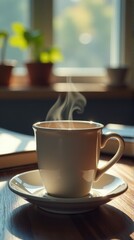 Cozy morning with steaming coffee cup by sunlit window and potted plants.