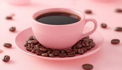 Obraz premium The composition consists of a pink coffee cup, beans, and a saucer, all presented on a pink background in a minimalist food photography style