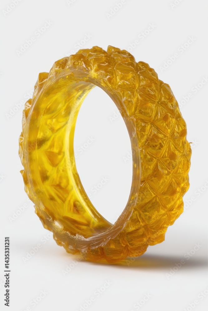 Poster amber bangle with intricate textured surface design against a clean white background casting a soft 