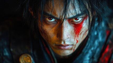 Close-up face, intense expression, bloodstains