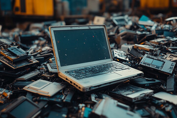 Laptop computer sitting top pile electronic devices is ewaste of discarded