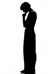 Silhouette of Contemplation: A solitary figure, captured in a stark black silhouette against a white background, stands in deep contemplation, their posture suggesting introspection and quiet thought.