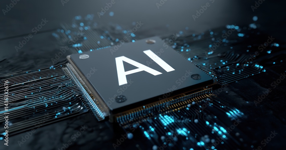 Poster a close-up view of a microchip featuring the letters ai, symbolizing advancements in artificial inte