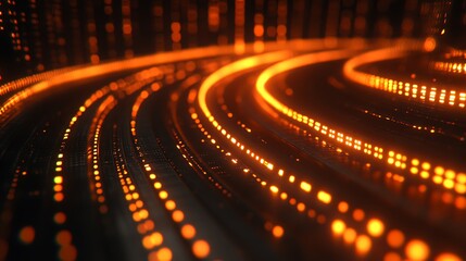 Glowing orange trails curve across dark background