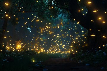 Naklejka premium Magical nighttime forest illuminated by glowing fireflies dancing amidst trees and flowers