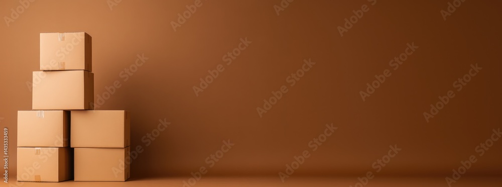 Poster stacked cardboard boxes create minimalistic backdrop, emphasizin