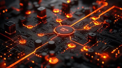 Close-up view of a glowing circuit board with intricate connections and electronic components
