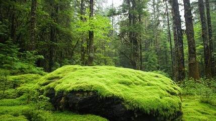 A large rock covered in moss in a forest.