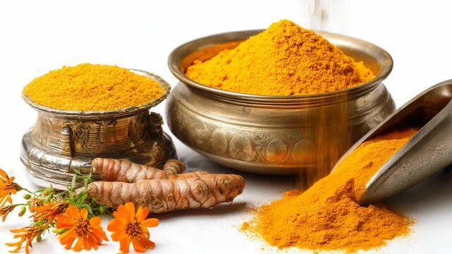 Aromatic turmeric powder and roots displayed with flowers in traditional ornate bowls, creating vibrant, spice-filled composition.