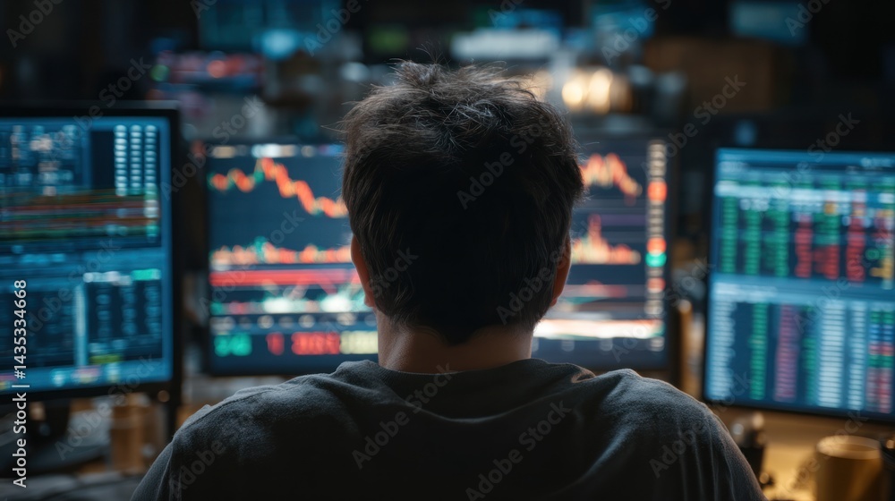 Poster a focused individual analyzes stock market data on multiple computer screens in a modern trading env