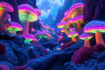 Obraz premium Vibrant glow of neon mushrooms under a starry night sky in a mystical forest landscape