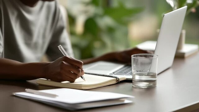 Student Taking Notes in Online Class with Laptop and Notebook