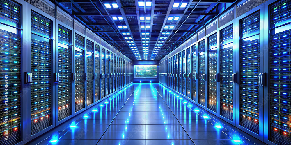Poster rows of powerful servers are neatly arranged in a high-tech room, illuminated by glowing led lights.