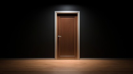 A wooden door with a silver handle and lock in a dark room.