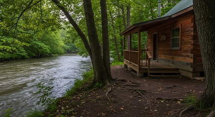 Log Cabin by River in Forest