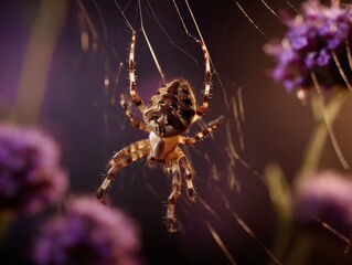 Macro shot of dew-laden spiderweb at sunrise, the droplets refracting light into rainbows while the tiny creator rests at the web's center