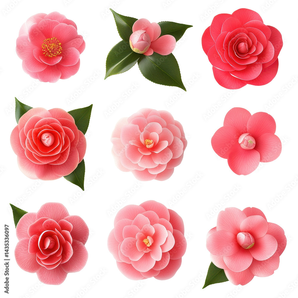 Poster various single camellia flowers arranged in multiple views showcasing vibrant colors and fine detail