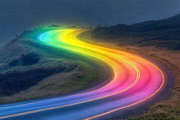 Colorful rainbow road stretches through green hills under a clear blue sky