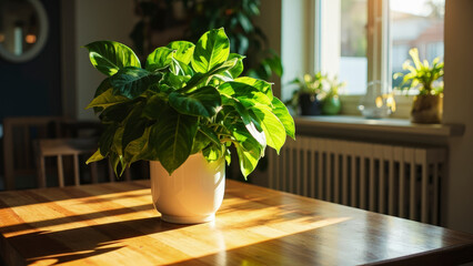 Fototapeta premium A vibrant houseplant sits atop a wooden table, bathed in sunlight filtering through a window. The scene radiates a sense of tranquility and indoor natural beauty