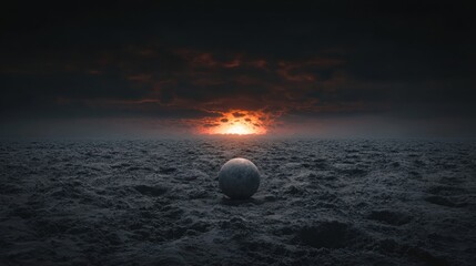 Obraz premium A large, white sphere sits in the middle of a desolate, rocky landscape, with a fiery sunset in the background.