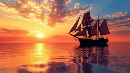 Silhouette of a three-masted sailing ship navigating tranquil waters during a fiery sunset, its sails billowing in the gentle breeze. - Powered by Adobe